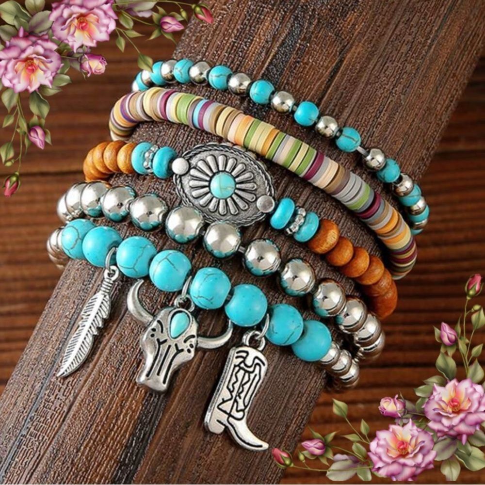 Bohemian fake Turquoise and Silver Charm Bracelet Set
